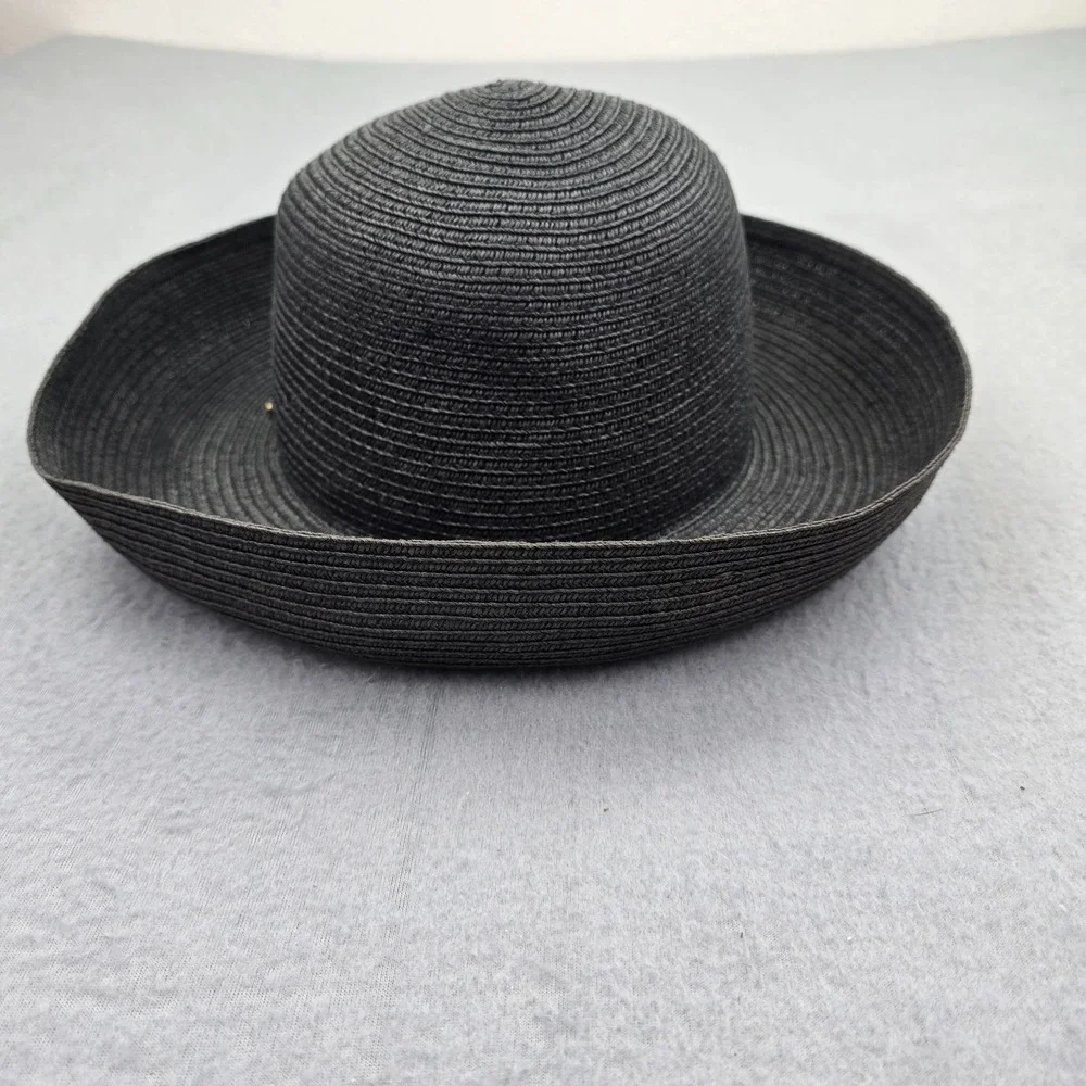 Womens Straw Sun Hat OS Black Textured Sweatband Upturned Kettle Brim Beach